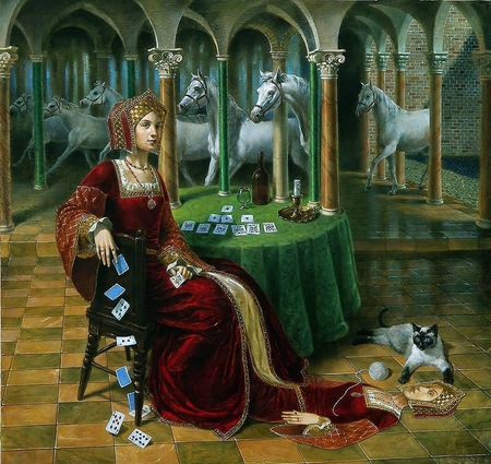 Michael Cheval art - cat, painting, white, art, queen, michael cheval, red dress, surrealist, horse, table, green, card