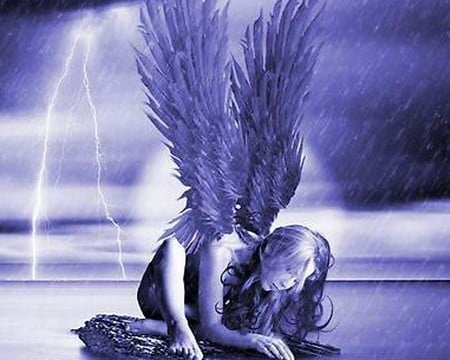 angel - storm, rain, ocean, girl, angel