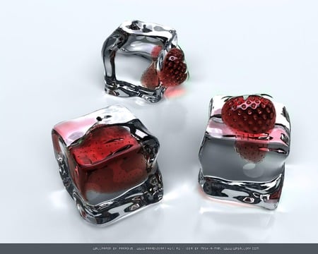 strawberry melt with ice - ice, love, strawberry, 3d, cube