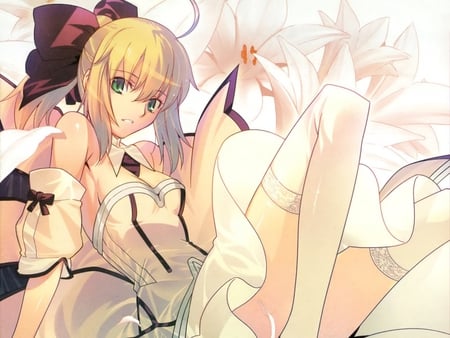 Saber - girl, pretty, white dress, blonde, flower