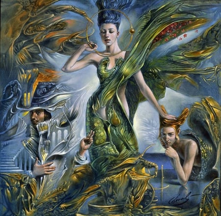 Michael Cheval art - painting, michael cheval, art, surrealist, green, woamn, fantasy, dress