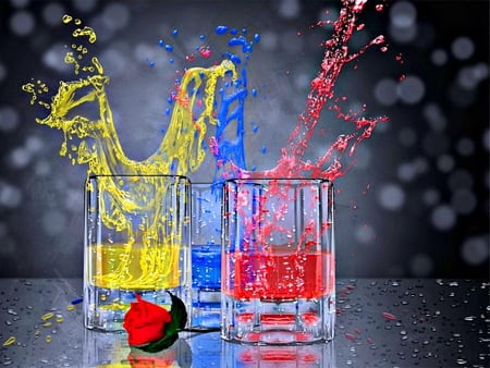 A splash of color - glasses, yellow, blue, red, rose, splash, liquid