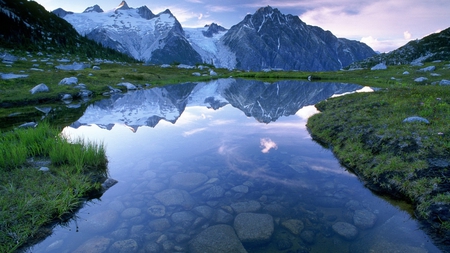 alpine pond - pond, rocks, mountain, grass