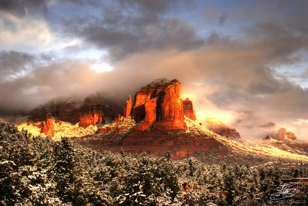 gorgeous sedona in winter - monuments, bushes, clouds, snow