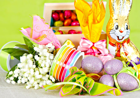 Easter - beauty, photography, easter, bouquet, happy easter, still life, spring, eggs, box, pretty, reflection, easter eggs, spring time, lily of the valley, ribbon, egg, chocolate, cute, lovely, nature, bow, mirror, beautiful, sweet, flowers