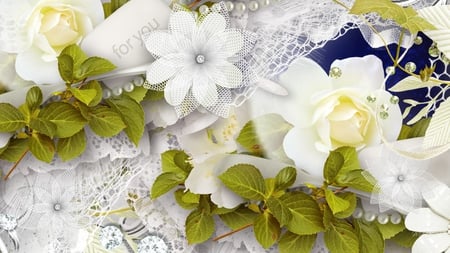 Purity for You - white, diamonds, lace, jewels, leaves, flowers, rose, pure