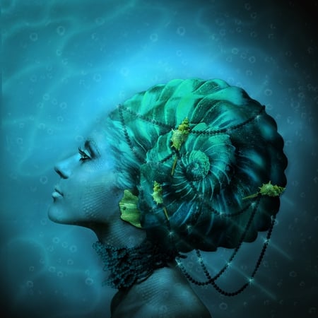 Sea woman - woman, blue, shell, fantasy, sea