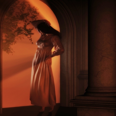 afterglow - archway, fantasy, sunset, girl, dress, afterglow