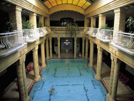 gellert baths - plants, terraces, bathers, pool