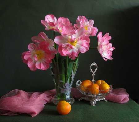 Still life - pretty, vase, delicate, apricots, beautiful, lovely, pink, still life, bouquet, flowers, nice, fruits, peaches