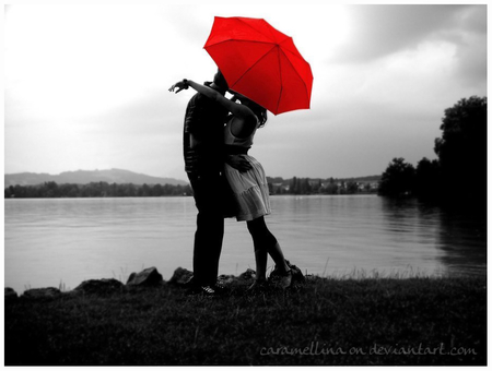 kissing under the red umbrella - kissing, romance, love, hearts