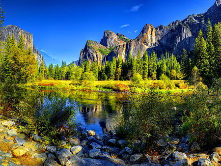 Peaceful - lake, sky, mountain, trees, water, summer, mirrored, blue sky, rocks, creek, nature, reflection, river, sunny, stones, pond