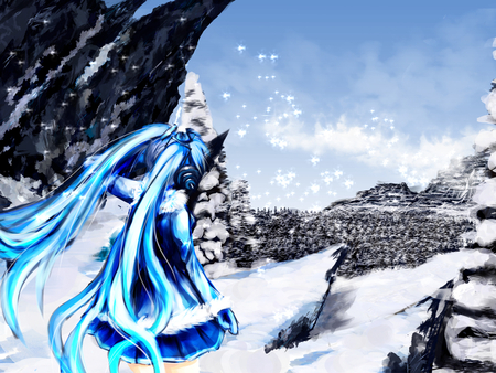 ice cold hatsune miku - clouds, trees, anime, vocaloid, blue, snow, girl, hatsune miku, forest, ice, white, blue hair, sky