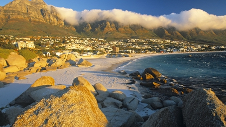 cape town beach - city, beach, mountain, clouds