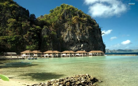 stilthouses by the beach - beach, stilthouses, cliffs, boat