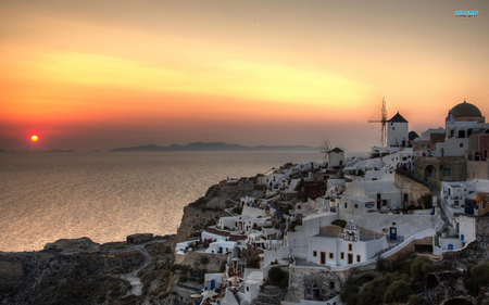 santorini sunset - santorini, windmill, sunset, sea