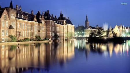 the dutch parliament - night, fountain, light, buildings