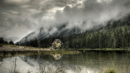 lakehouse at the edge of the forest - lake, house forest, mist, mountain