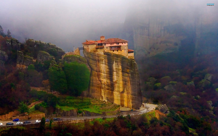 monastery in greece - cliff, road, autumn, monastery