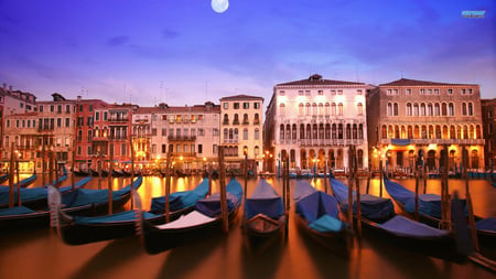 parking for gondolas in venice - canal, venice, night, gondolas