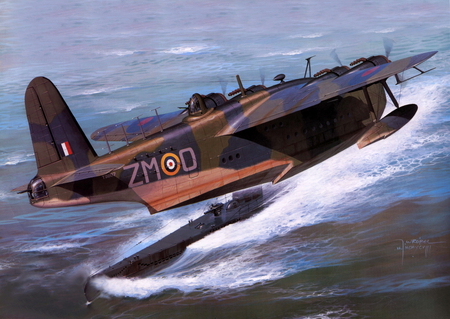 Short Suderland MkII - ww2, plane, sunderland, antique, painting, art, mk2, mkii, vintage, classic, short, boat, ocean, airplane, drawing, world, flying, war, wwii, submarine, sea, float