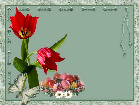 Easter card - tulips, easter, basket, eggs, butterfly, pretty, beautiful, holiday, card, flowers, daisies