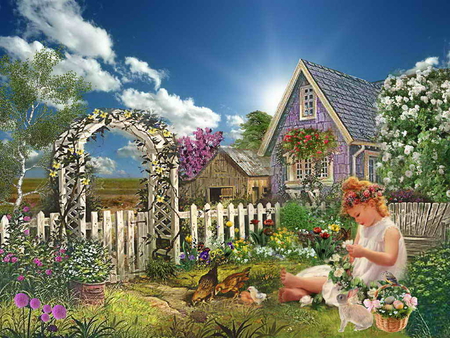 Easter morning in countryside - eggs, spring, easter, flowers, countryside, holiday, garden, yard, house, beautiful, girl, morning, fence, basket, painting, bunnies, peaceful