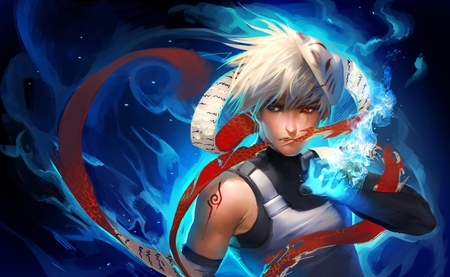 Hatake Kakashi - anime, white hair, shinobi, solo, mask, anbu, naruto, kakashi hatake, hatake kakashi, spiky hair, blue eyes, sharingan, scar, blue background, red eyes, ninja, kakashi, lone