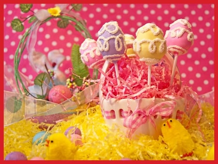 ღ♥ღ Feliz Dia de Pascua ღ♥ღ - pretty, eggs, yellow, lavender, fashion, entertainment, spring, god, happy, easter, flowers, ribbon, violet, deep pink, colored eggs, chickens, soft purple, blessings, decor, lovely, love, sweet, basket, white, happiness, pascua, design, green, arrangement, background dots, bow