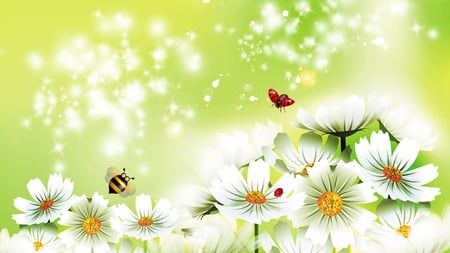 Daisies on Green - fresh, summer, shine, lady bug, spring, ladybugs, bee, green, flowers, sparkles, daisies