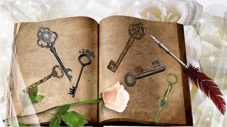 Book of Keys - lock, book, feather, secrets, antique keys, quill, pink rose, vintage, keys