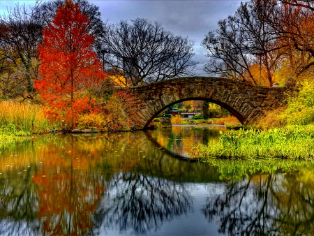 Bridge reflection - autumn, lake, sky, trees, peaceful, water, summer, nature, calmness, reflection, clouds, silence, bridge, pond