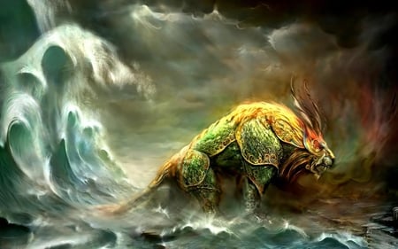 beast storms - waves, fantasy, art, beast