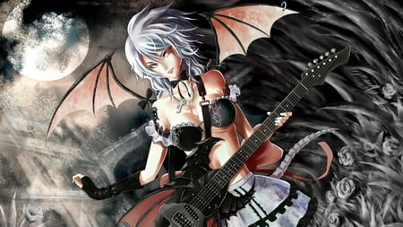 anime - girl, angel, darknes, night, music, dark, gitar, anime, demono