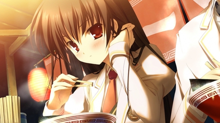 anime - anime, brown, girl, ramen, long hair, red eyes