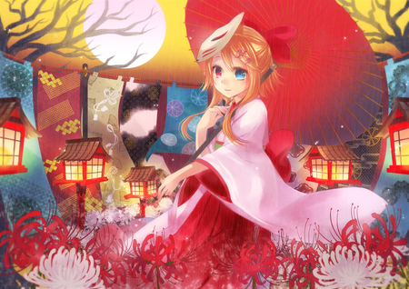 Kagamine Rin - moon, kagamine rin, umbrella, mask, kimono, flower, light, japanese