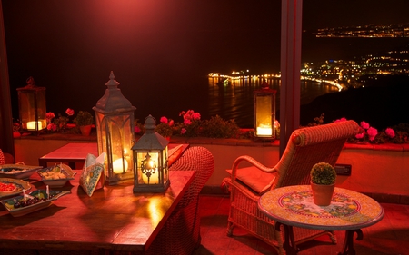 Beautiful View at Night - summer, relaxing, sicilia, beautiful, table, city, night, lovely, lantern, chair, flowers, view, lights, candles, peaceful, italy