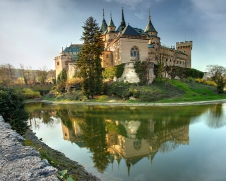 Bojnice Castle, Slovakia - river, nature, grass, architecture, castle, sky