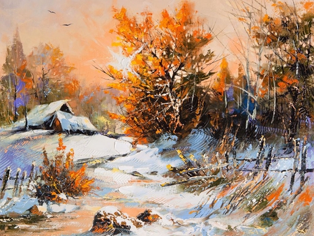 Cottage - cottage, tree, painting, nature, art