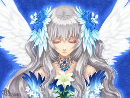 Angel - pretty, angel, girl, blue, wings, flower, white hair