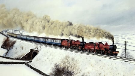 twin engine steam train - winter, train, steam, passenger