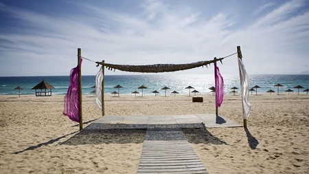 covered stage on the beach - cover, stage, beach, umbrellas