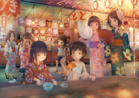 Festival - girls, fun, fan, masks, fish, cotton candy, yukata, festival