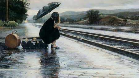 last train to nowhere - luggage, train, tracks, rain, girl