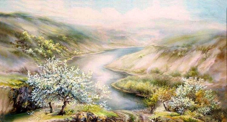 Marina Godich. Spring on the Dniester - river, nature, painting, marina godich, art, tree