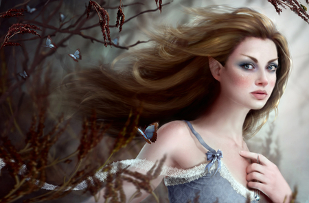 Aelfen - woman, beauty, lips, female, aelfen, eyes, hair, fantasy, face, gorgeous, digital art, elf, lady, girl, cg, hd, butterfly, pink, beautiful, digital painting, blonde