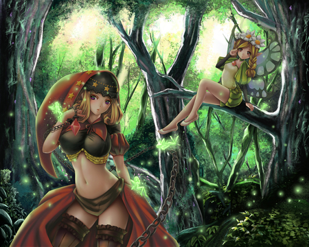 Velvet & Mercedes - hood, cute, odin sphere, chains, girl, red eyes, wings, plants, blonde hair, fairy wings, pink eyes, video games, forrest, velvet, thigh highs, mercedes, fairies, females, games, long hair, woods, trees