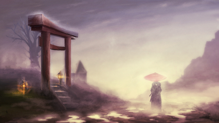 Samurai Champloo - branches, anime, fog, scenery, lanterns, foggy, silhouette, samurai, stairs, jin, mist, lone, dead tree, samurai champloo