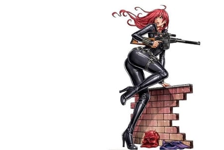 Black Widow - female, boots, leather, weapons, brick wall, black widow, long hair, scope, red hair, anime girl, white background, gun, girl, masks, marvel, rifle, lone