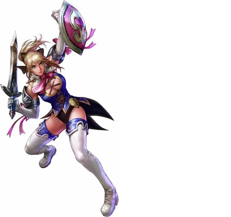 Cassandra Alexandra - female, thigh highs, cassandra, cassandra alexandra, white background, blonde hair, warrior girl, anime, sword, girl, soul calibur, long hair, shield, green eyes, games, armour, video games, weapons, shoulder guard